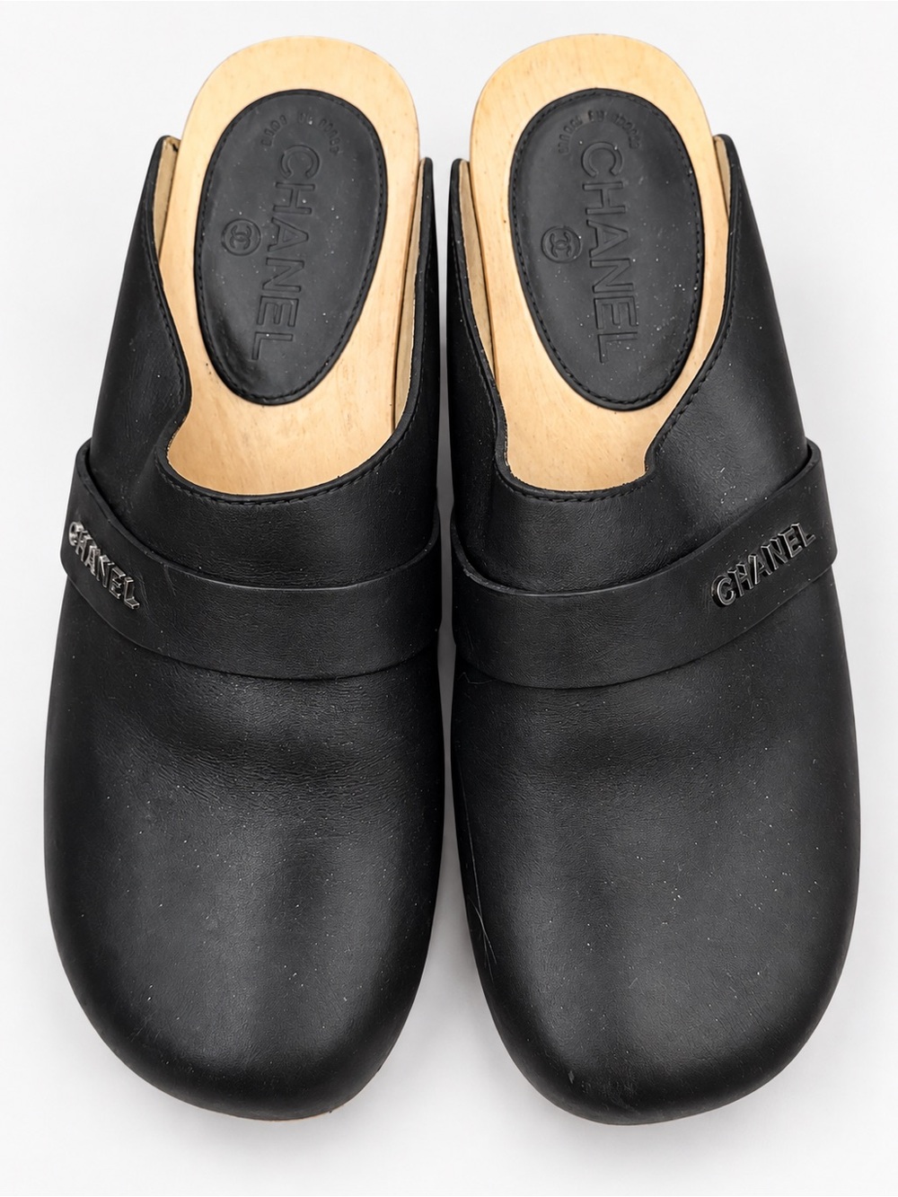 CHANEL Black Leather Wooden Clog Mules 38 US 7.5-8 Made in Italy